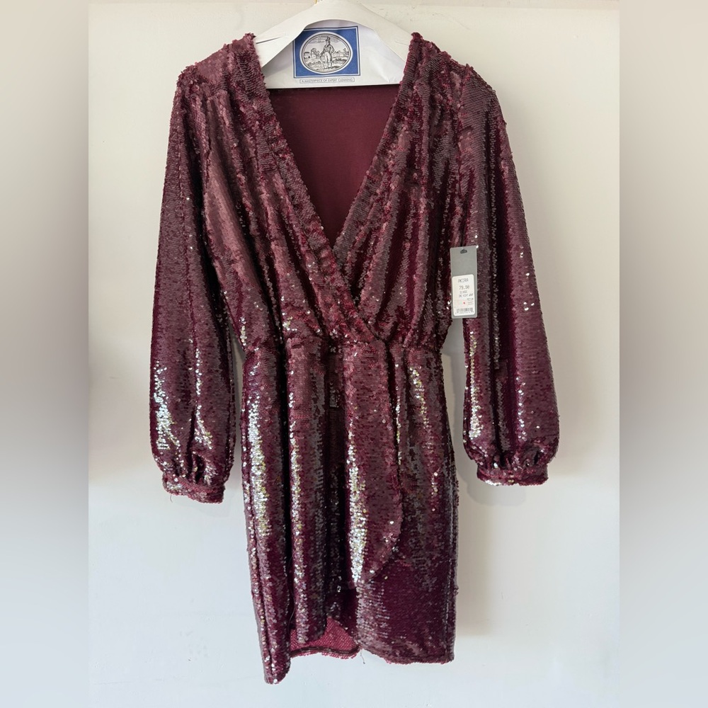 AKIRA Burgundy Sequin Wrap Dress